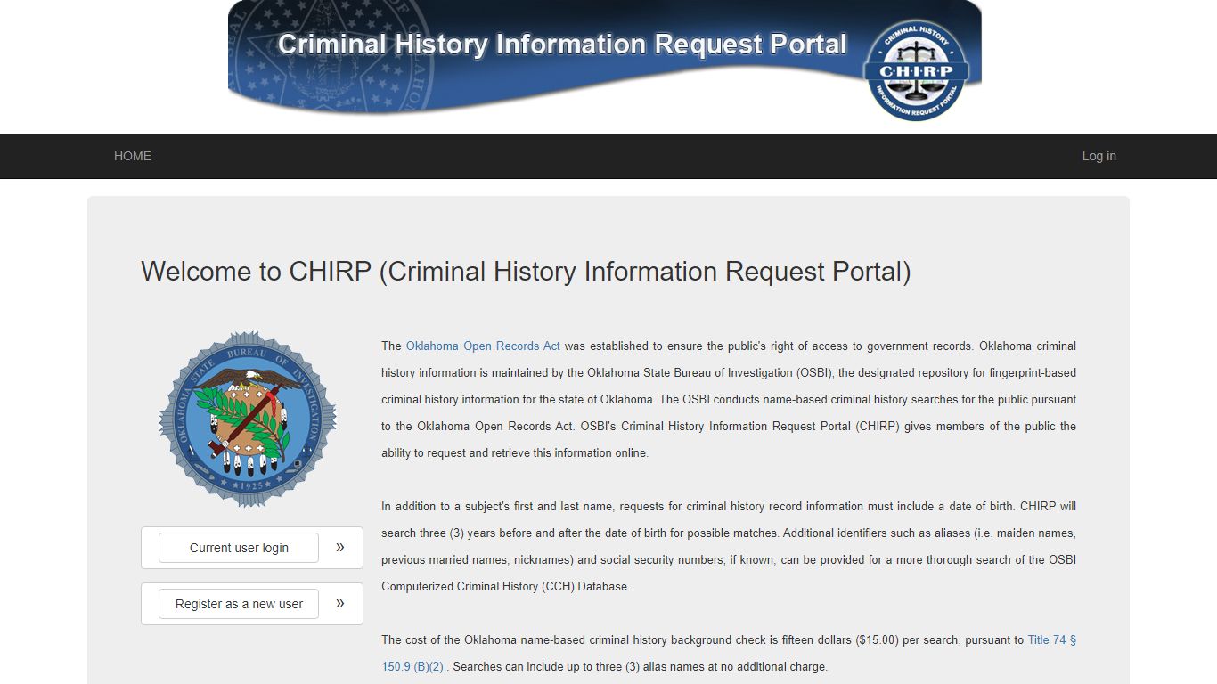 Oklahoma - Welcome to CHIRP (Criminal History Information Request Portal)